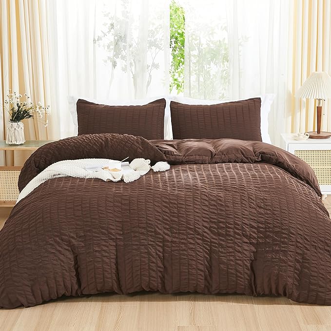 AveLom Brown Duvet Cover Full, 3 Pieces, Seersucker Tripe Soft Washed by AveLom