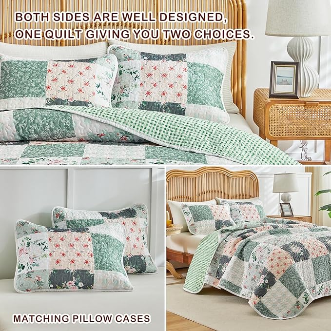 Joyreap 3 Pieces Floral Patchwork Quilt Set Queen, Soft n Cozy Microfiber Quilt - Image 5