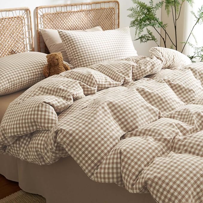 Nayoroom Gingham Duvet Cover Full Size 100% Washed Cotton Brown Tan Plaid - Image 2