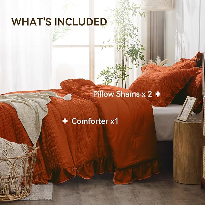 JOLLYVOGUE Burnt Orange Comforter Full Size, 3 Pieces Seersucker Lightweight - Image 6