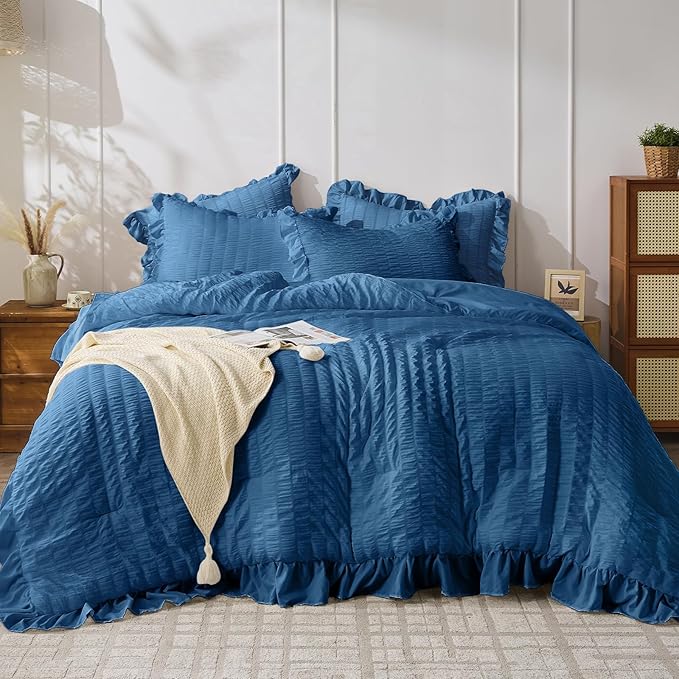 JOLLYVOGUE Teal Queen Comforter Set, 3 Pieces Seersucker Comforters Queen Size by JOLLYVOGUE