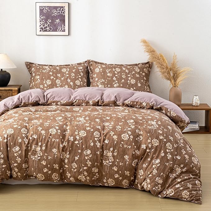 OAITE Brown Flower Queen Size Duvet Cover-3 Pieces Prewashed Cotton-Like by OAITE