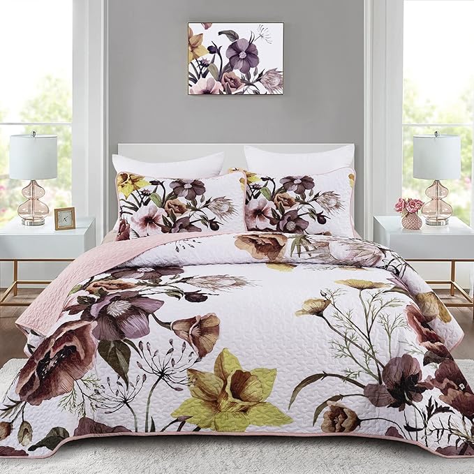 Drucon Floral Quilt Set Twin 2 Pieces Boho Blush Floral Quilt Coverlet Set Soft by DRUCON