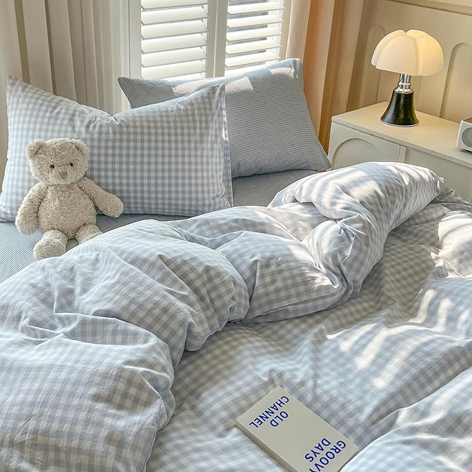 mixinni Light Blue Gingham Duvet Cover Set Queen Size - Image 4