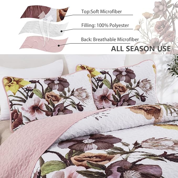 Drucon Floral Quilt Set King 3 Pieces Boho Blush Quilt Coverlet Set Soft - Image 5