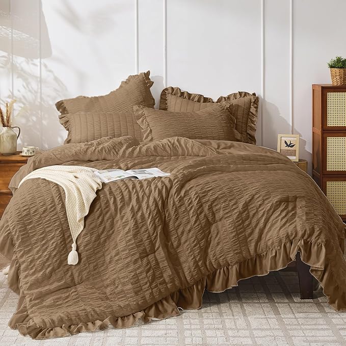 JOLLYVOGUE Queen Comforter Set, 3 Pieces Oak Brown Seersucker Comforters Queen by JOLLYVOGUE