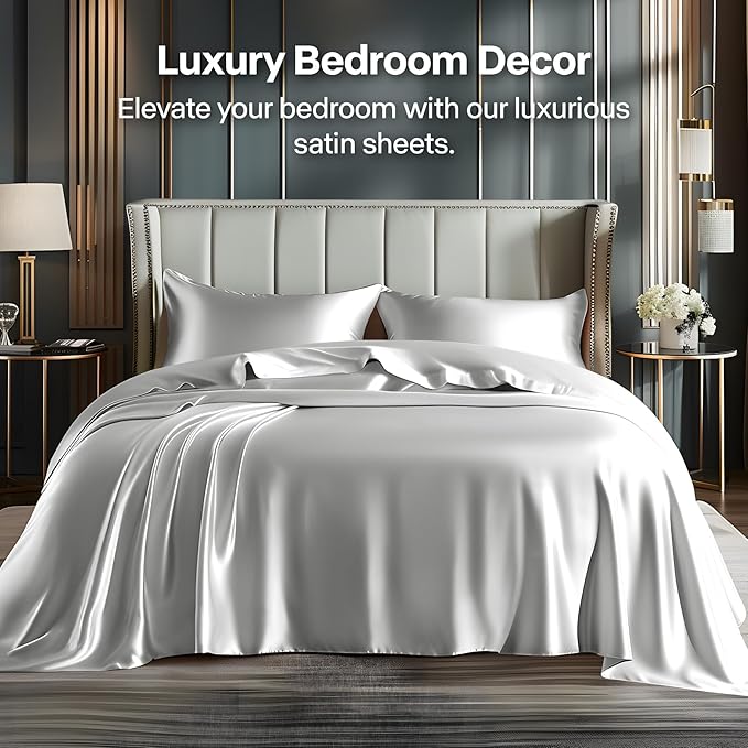 BEDELITE Satin Sheets Full Size Bed Set, Luxury Soft Grey Silky Sheets - Image 2