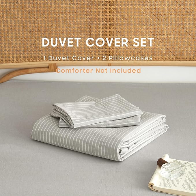 Wake In Cloud - Striped Cotton Duvet Cover Set, 100% Washed Cotton Textured - Image 2