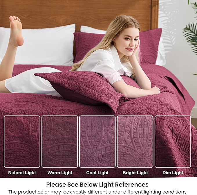 Love's cabin Oversized King Size Quilt Bedding Set Burgundy Bedspreads - Image 6