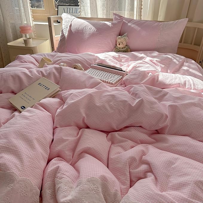 mixinni Pink White Gingham Duvet Cover Twin XL Size - Image 2