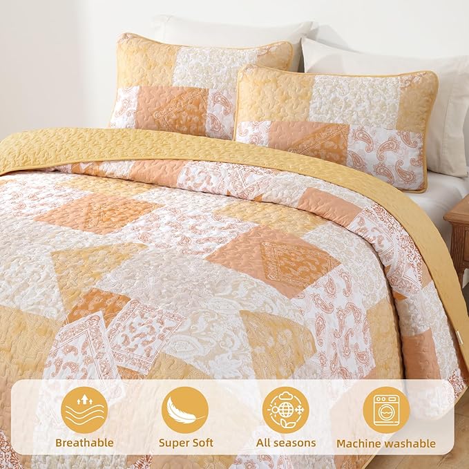 Mybedsoul Yellow Patchwork Quilts Queen Size, Soft Paisley Floral Queen - Image 3