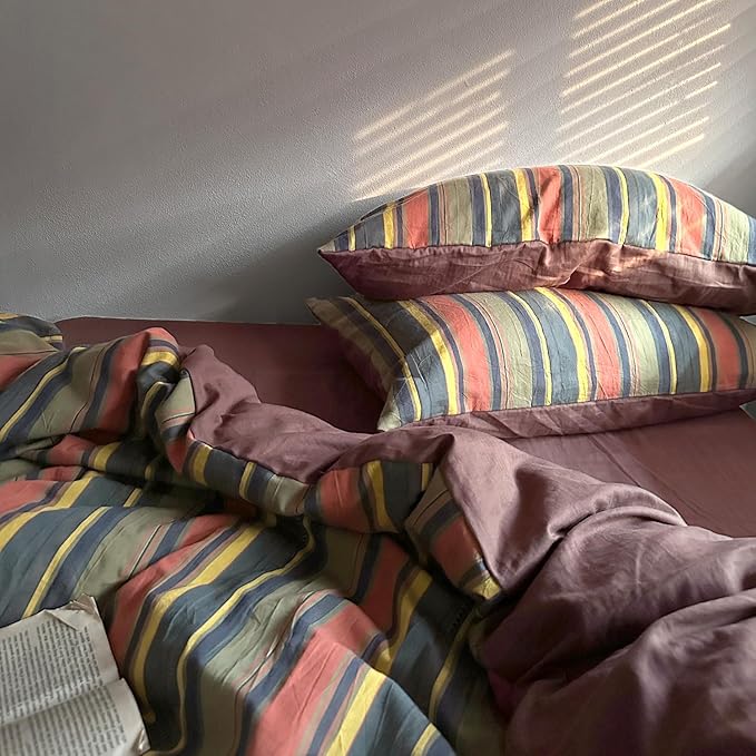 mixinni Vintage Striped Duvet Cover Set Queen Size - Image 6