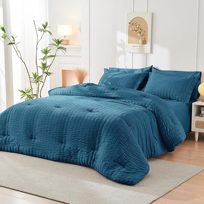 HYMOKEGE Teal King Size Comforter Set Seersucker 7 Pieces, All Season Luxury - Image 8