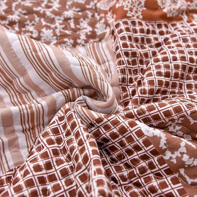 Mybedsoul Burnt Orange Quilt Set Queen Size, 3 Pieces Boho Plaid Terracotta - Image 7