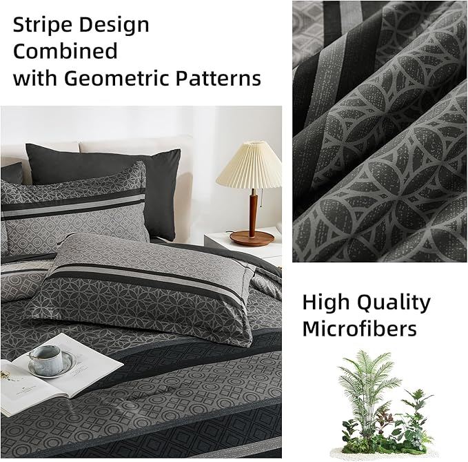 WONGS BEDDING 7 Pieces Comforter Set Queen Size, Dark Grey Black Striped Bed in - Image 8