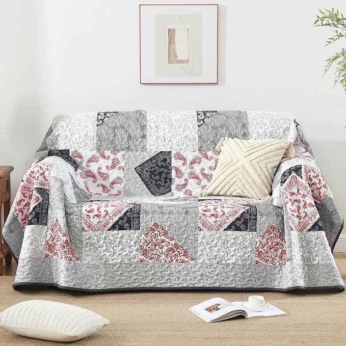 Mybedsoul Grey Red Patchwork Queen Size Quilt, Soft Paisley Floral Bedspreads - Image 7
