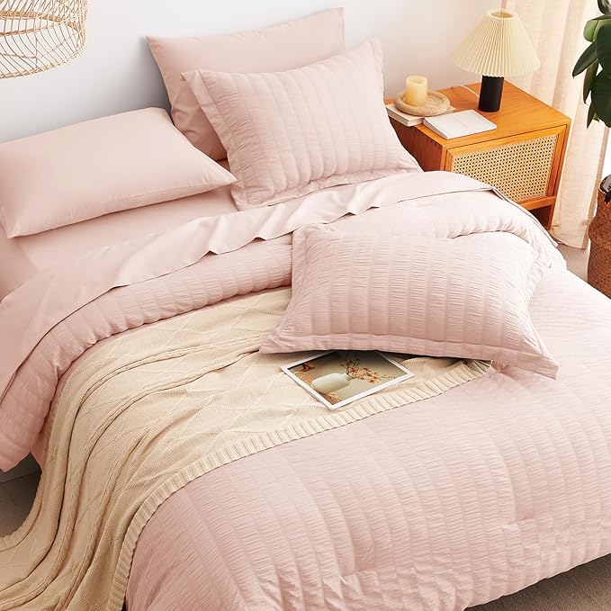 CozyLux Oversized King Comforter Set Blush Pink Seersucker 7 Pieces 120x98 Bed - Image 6