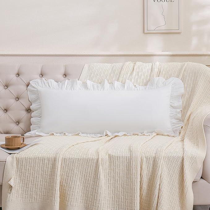 14x36 inches Off White Ruffled Lumbar Pillow Cover 1 Piece, Pure Washed Cotton - Image 5