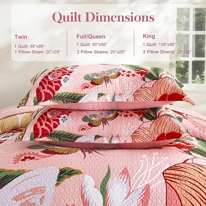Tyrot 3 Piece Pink Boho Floral Californial King Quilt Sets Farmhouse Botanical - Image 6