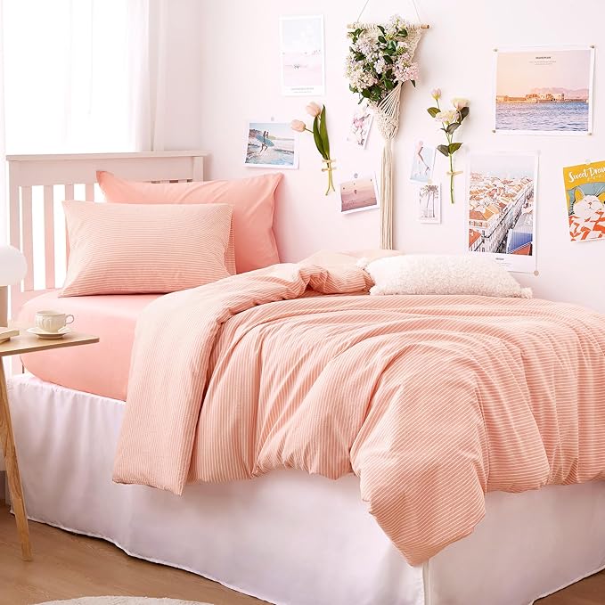 Wake In Cloud - Striped Cotton Duvet Cover Set, 100% Washed Cotton Textured - Image 9