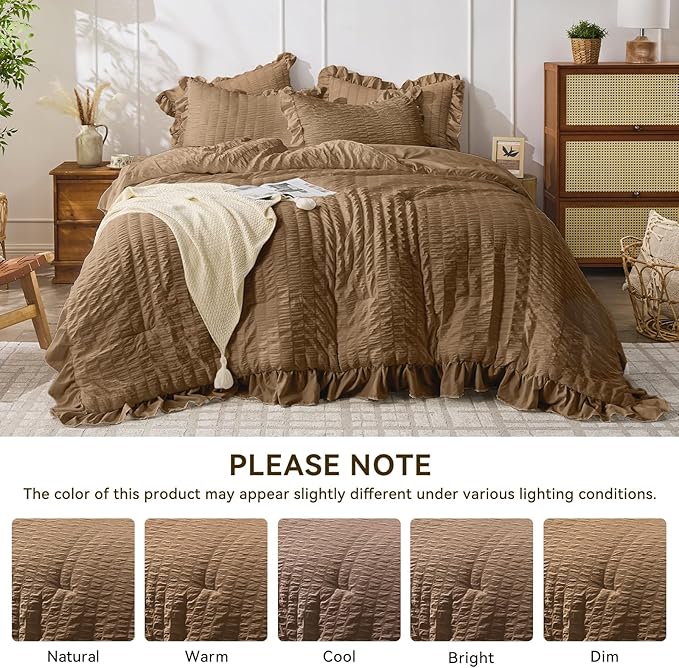 JOLLYVOGUE Queen Comforter Set, 3 Pieces Oak Brown Seersucker Comforters Queen - Image 8