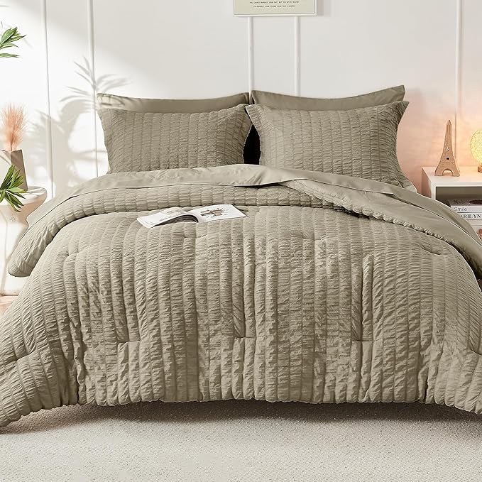 HYMOKEGE Linen California King Comforter Set Seersucker 7 Pieces, All Season - Image 9