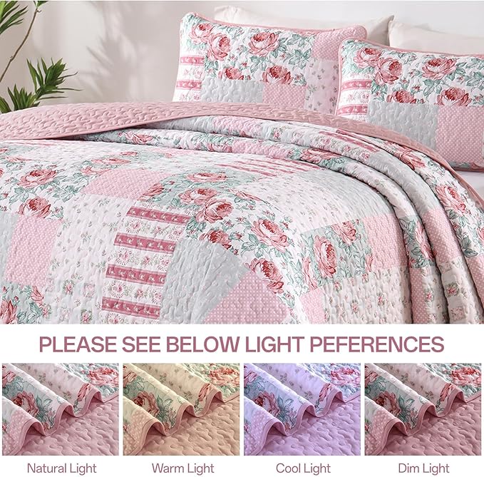 Patchwork Quilt Set Queen Size, 3 Piece Soft Microfiber Reversible Pink Grey - Image 5