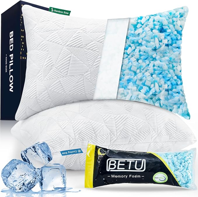 BETU Cooling Pillows Queen Size Set of 2, Shredded Memory Foam Pillows Cool by BETU