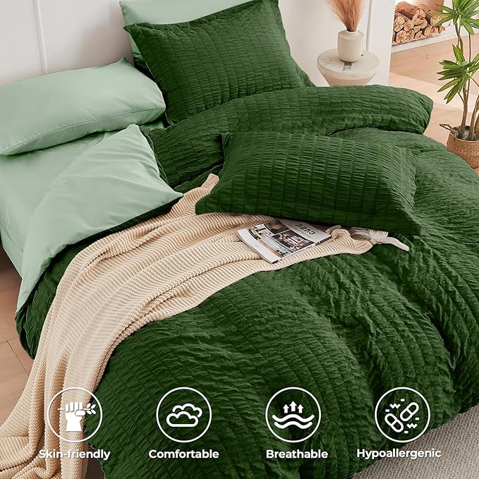 HYMOKEGE Dark Green/Sage Green Twin XL Comforter Set Seersucker 5 Pieces - Image 3
