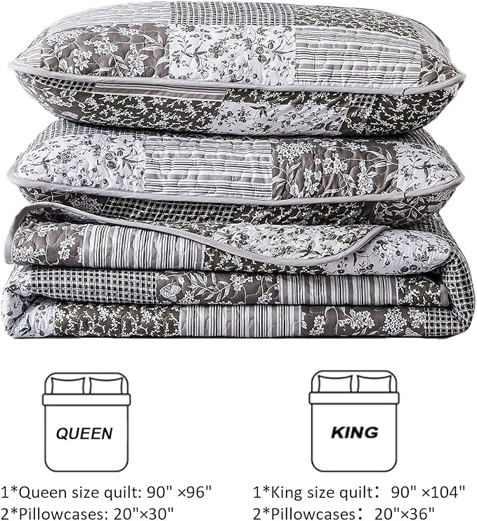 Mybedsoul Grey Boho Quilt Set Queen Size, 3 Pieces Plaid Floral Bedspread - Image 7