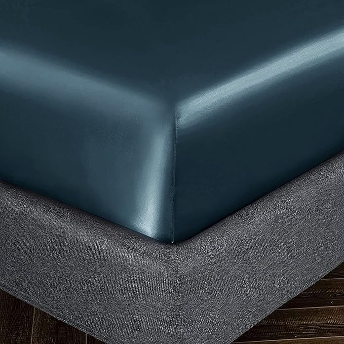 Homiest Deep Sea Blue Satin Fitted Sheet Queen Size, Deep Pocket, Luxury & - Image 3