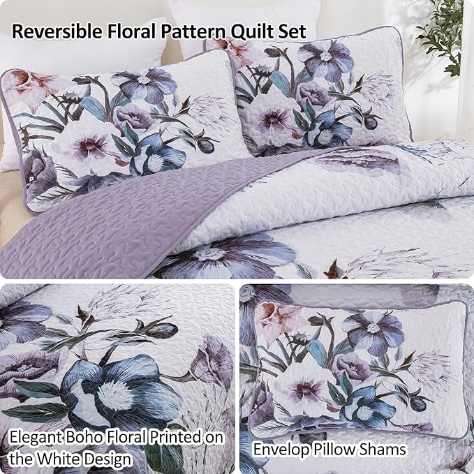 Floral Quilt Set Twin 2 Pieces Boho Purple Floral Quilt Coverlet Set Soft - Image 7