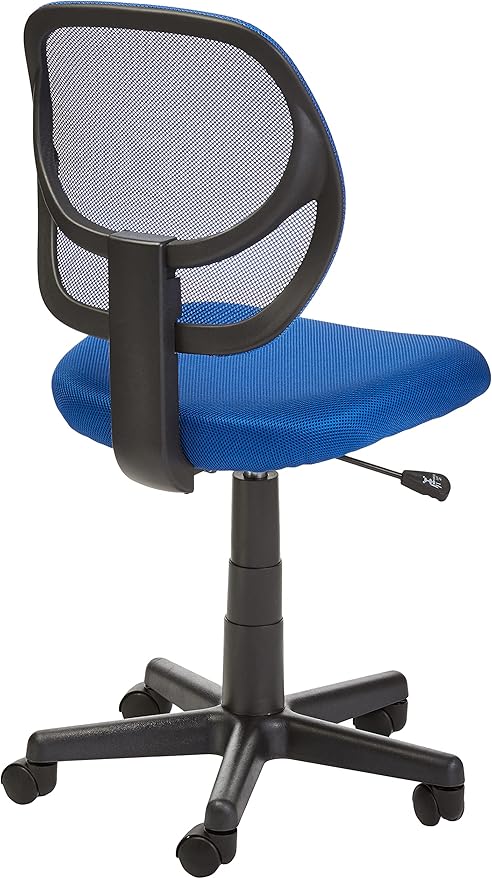Amazon Basics Rolling Desk Chair, Adjustable, Low Back, Padded Seat, Breathable Mesh, Swivel, Blue, 21.25" D x 22.5" W x 38" H-DeskoryOffice