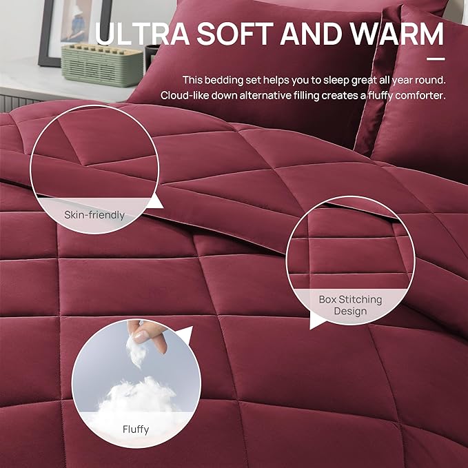 Love's cabin Twin XL Comforter Set Burgundy, 5 Pieces Twin XL Bed in a Bag - Image 4