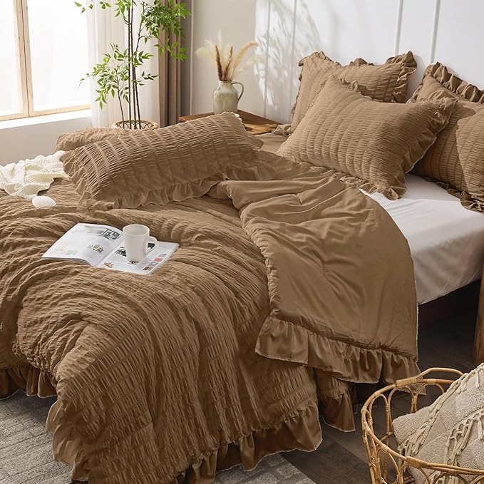 JOLLYVOGUE Twin Size Comforter Set, 2 Pieces Oak Brown Seersucker Lightweight - Image 7