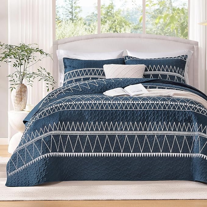 Andency Navy Oversized King Quilt Set, 3 Pieces Boho Lightweight Soft Striped by Andency