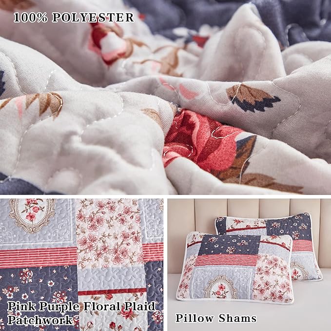 Patchwork Quilt Set Twin Size, 2 Pieces Pink Purple Floral Plaid Design Summer - Image 6