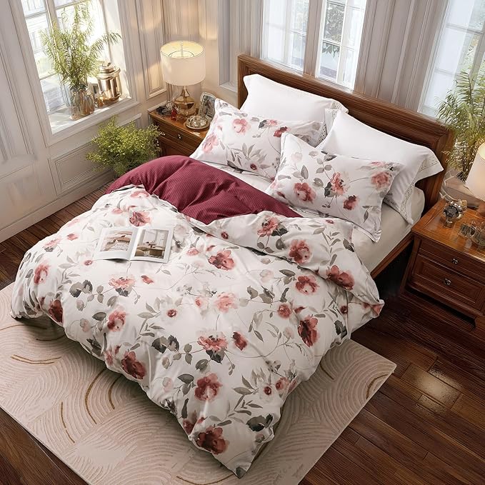 OAITE Duvet Cover Queen Size, Reversible Blooming Flowers White Duvet Cover Set - Image 3
