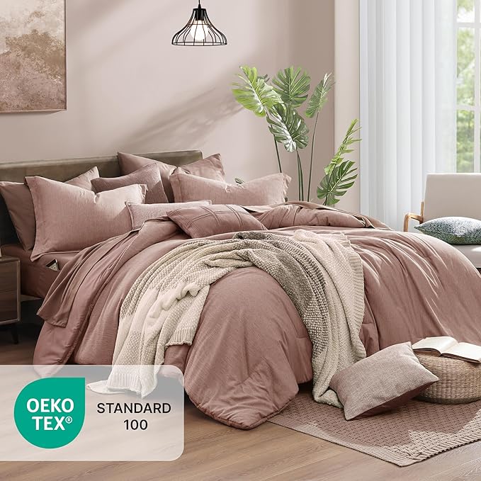 Monbix Full Size Comforter Set-7 Pieces Dusty Pink Cationic Dyeing Bed in a Bag - Image 2