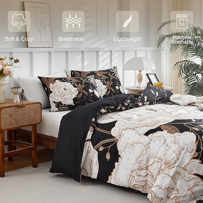 mixinni Black Floral Duvet Cover Full Size, 3 Pieces Garden Style Botanical - Image 2