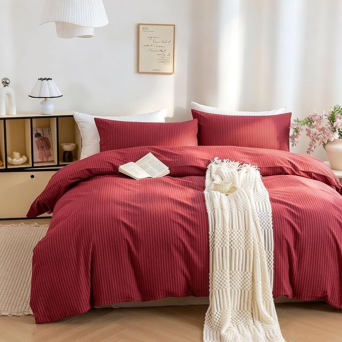 PinkMemory Red Striped Duvet Cover King 100% Washed Cotton Vintage Stripes - Image 2