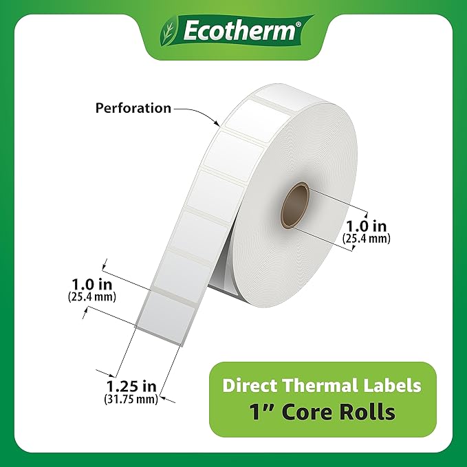 1.25" x 1" Thermal Labels | 6 Rolls | 14040 Labels | fits Zebra, Godex, Arkscan, iDPRT, Offnova Thermal Label Printers and More | Blank White Adhesive Stickers by Ecotherm-DeskoryOffice