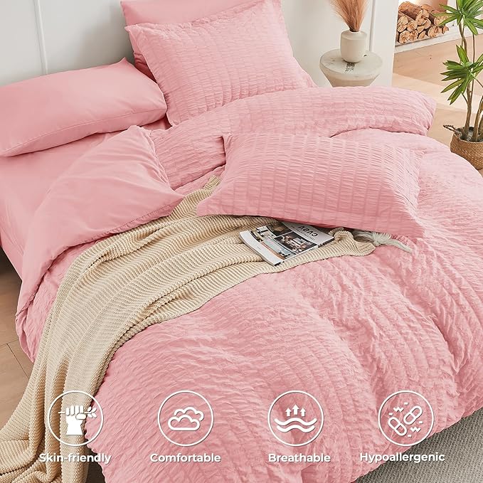 HYMOKEGE Rose Pink King Size Comforter Set Seersucker 7 Pieces, All Season - Image 3