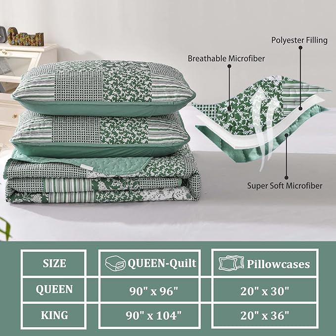 Mybedsoul Sage Green Boho King Quilt Set, 3-Piece Reversible Soft Plaid Floral - Image 5
