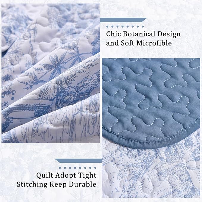WONGS BEDDING Botanical Quilt Set California King Size, 3 Pieces Blue Toile - Image 4