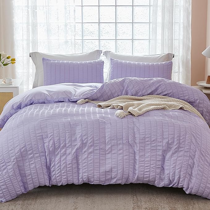 AveLom Lavender Purple Seersucker Duvet Cover Set Queen, 3 Pieces, Ultra Soft by AveLom