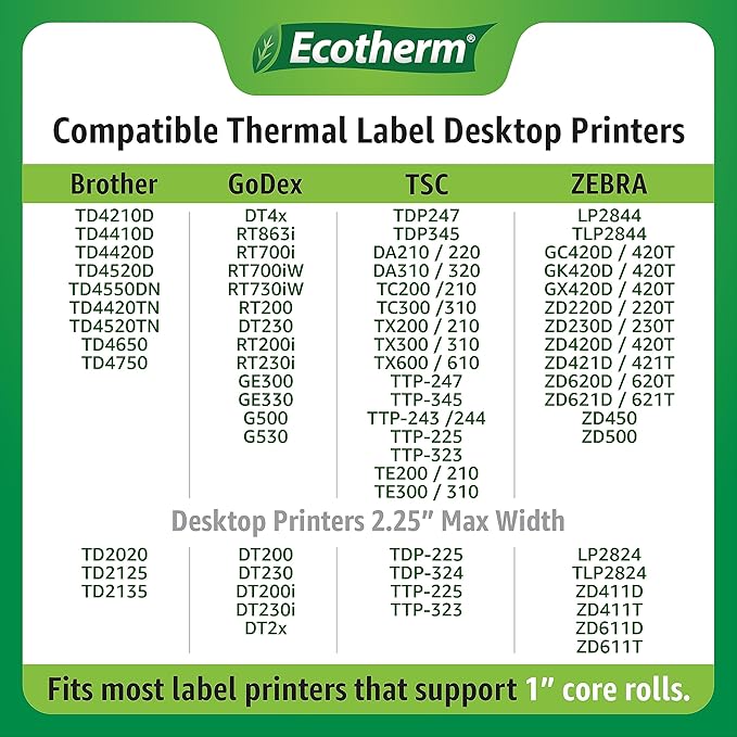 1" x .5" Thermal Labels | 4 Rolls | 9800 Labels | fits Zebra, Godex, Arkscan, iDPRT, Offnova Thermal Label Printers and More | Blank White Adhesive Stickers by Ecotherm-DeskoryOffice