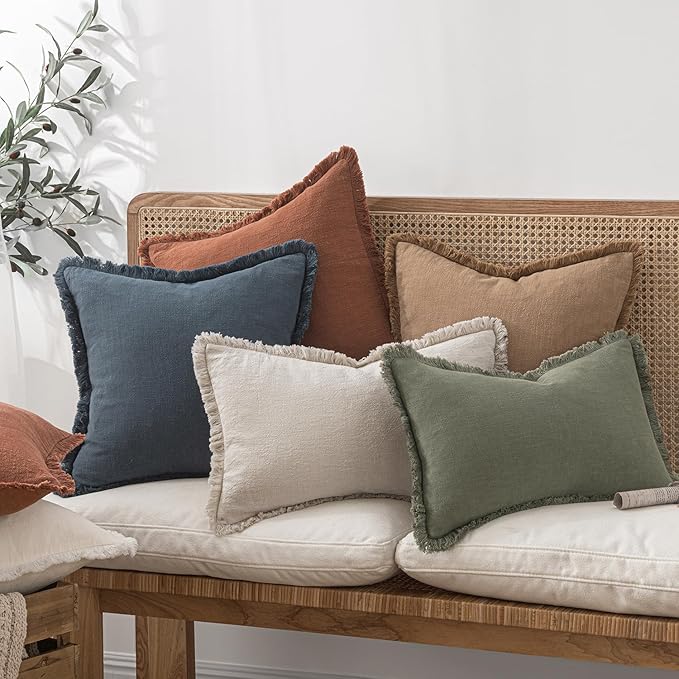 MIULEE Decorative Throw Pillow Covers Neutral Linen Fringe Throw Pillows Euro - Image 7
