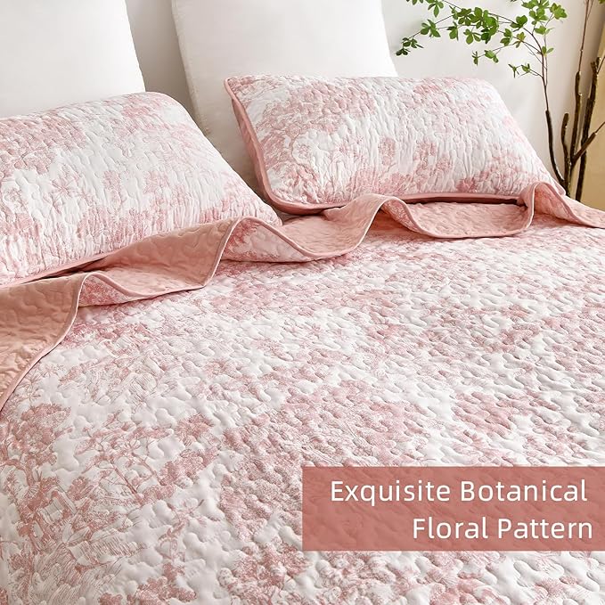 WONGS BEDDING Quilt Set King Size, 3 Pieces Pink Floral Plants Printed - Image 5