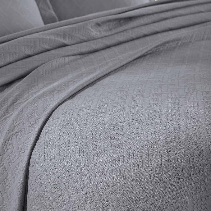 Superior 2 Piece Basketweave Cotton Bedspread Set, Home Bed Decor, Decorative Bed Spread, 1 Pillow Sham, Medium Weight Blanket, Matelasse Coverlet Bedding, Geometric Lattice Pattern, Twin, Grey